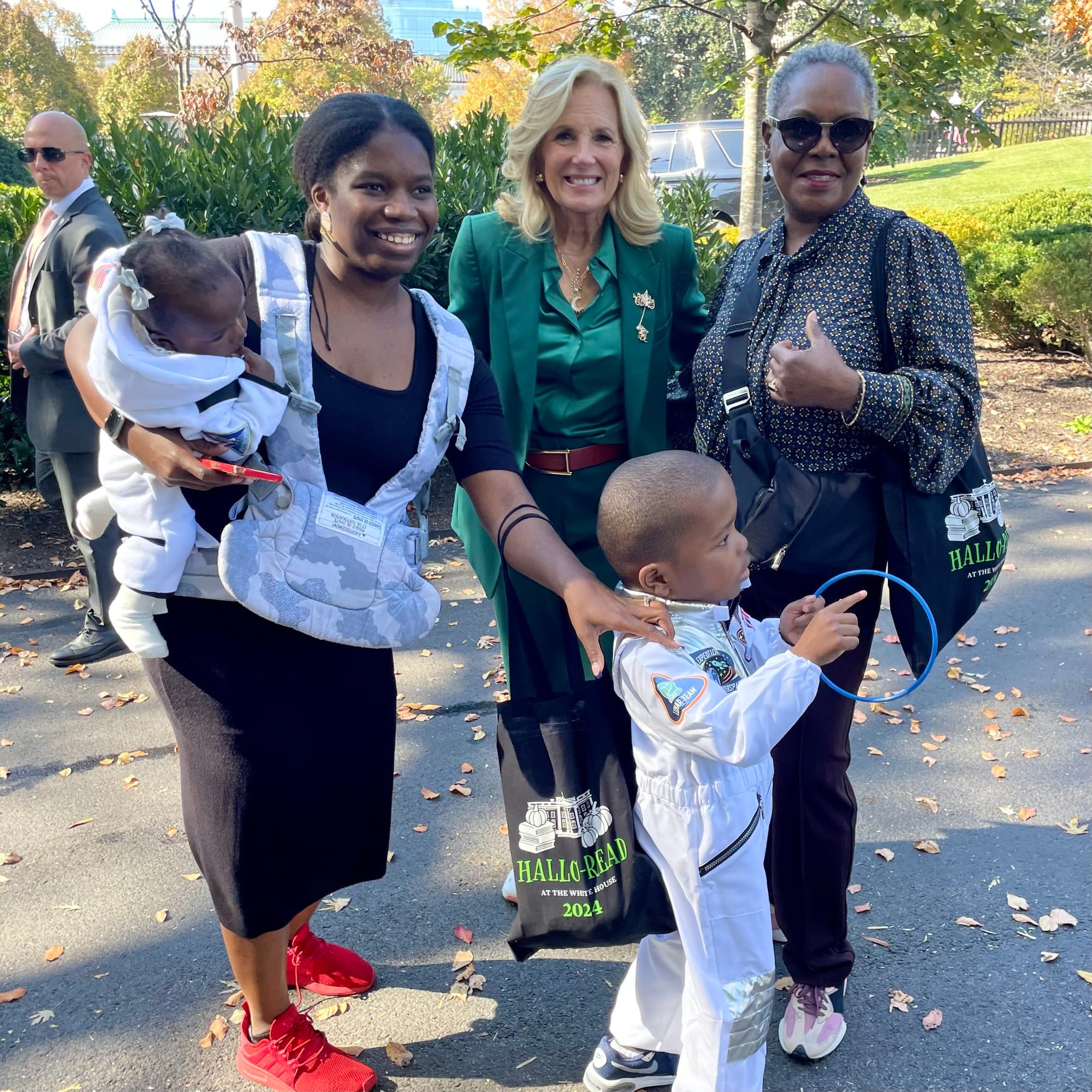 First Dr. Lady Jill Biden meets Little Lobbyists (and Astronaut) Adonise with his sister, mom Anne, and Aunt, after reading a story for the children during the White House 2024 Hallo-read celebration.