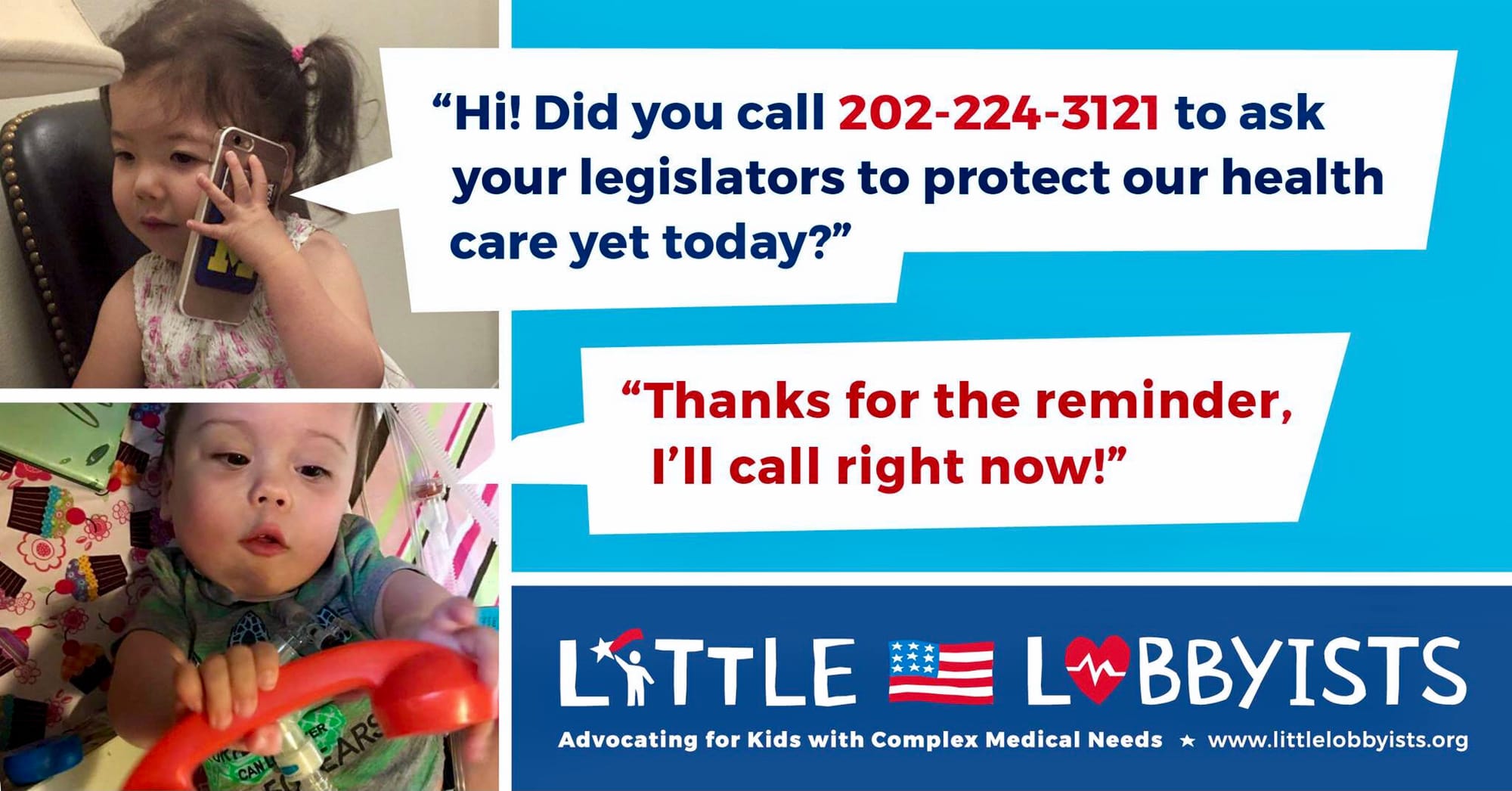 Two toddler girls pretend to talk on toy phones. A graphic reminds Little Lobbyist supporters to call their members of Congress to protect health care.