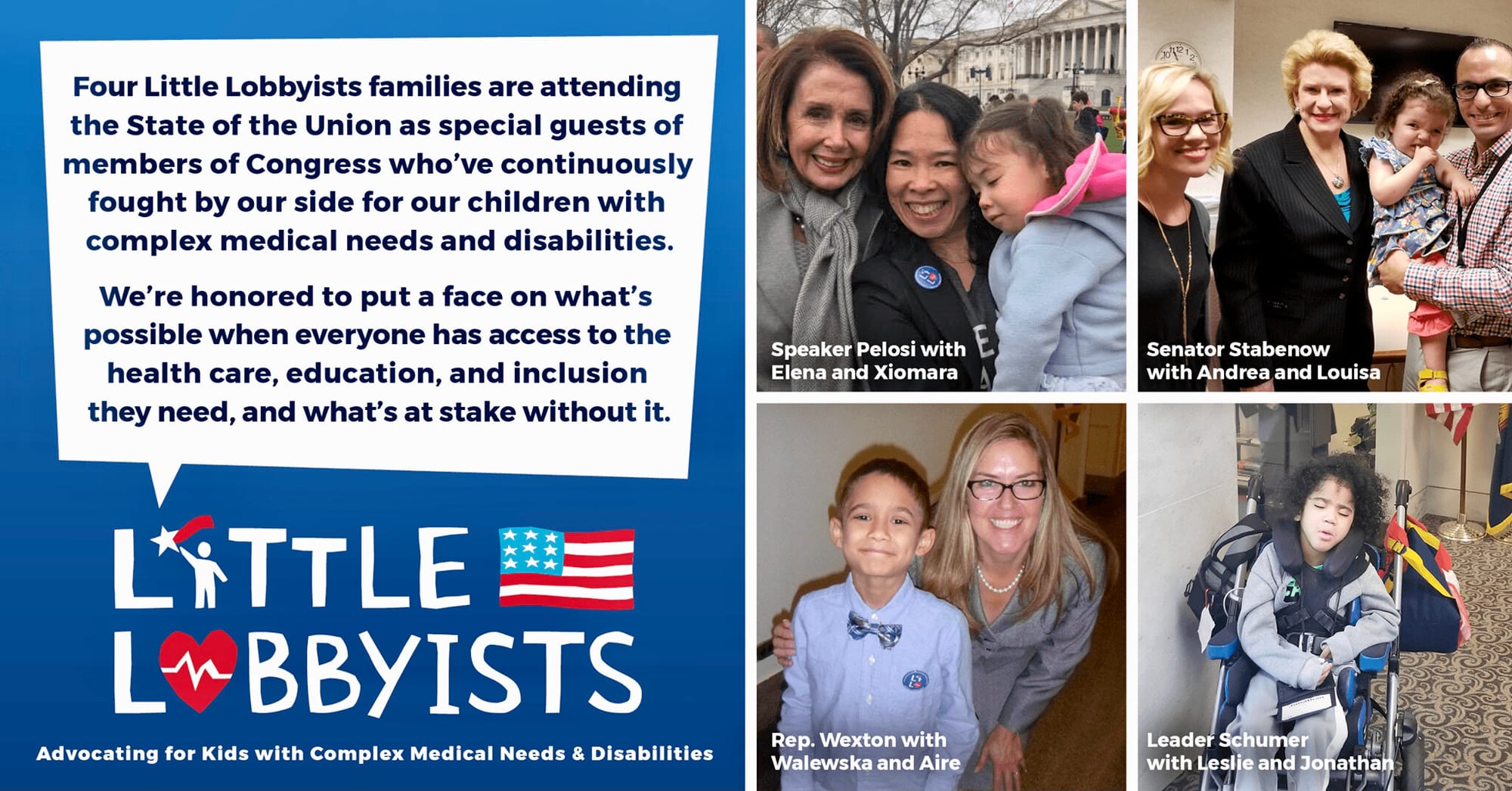 A montage of photos of Little Lobbyists families meeting with U.S. representatives is positioned next to LL graphics about supporting health care.