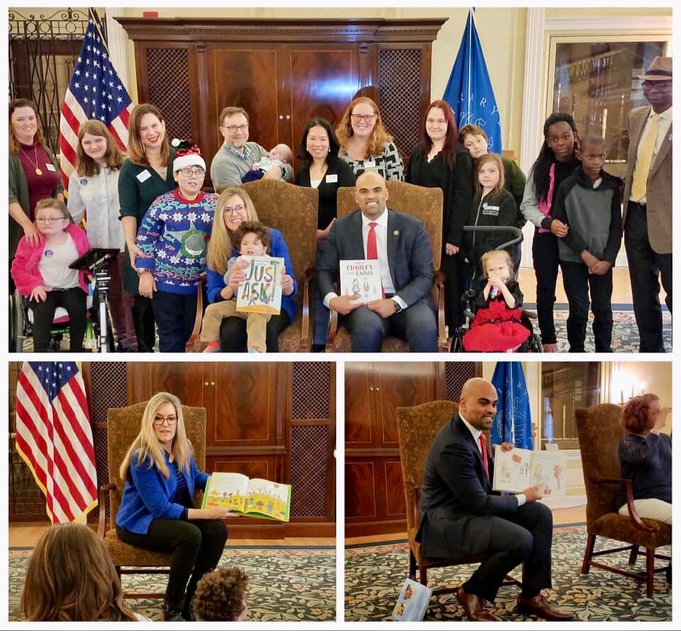 A montage of photos of members of Congress reading to Little Lobbyists families during a story-time meeting.