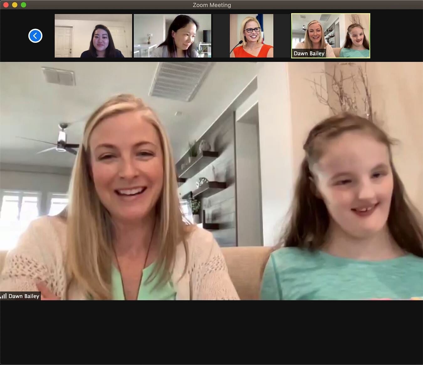 Dawn and Taryn in a zoom meeting with Senator Sinema, members of Little Lobbyists, and her staff.