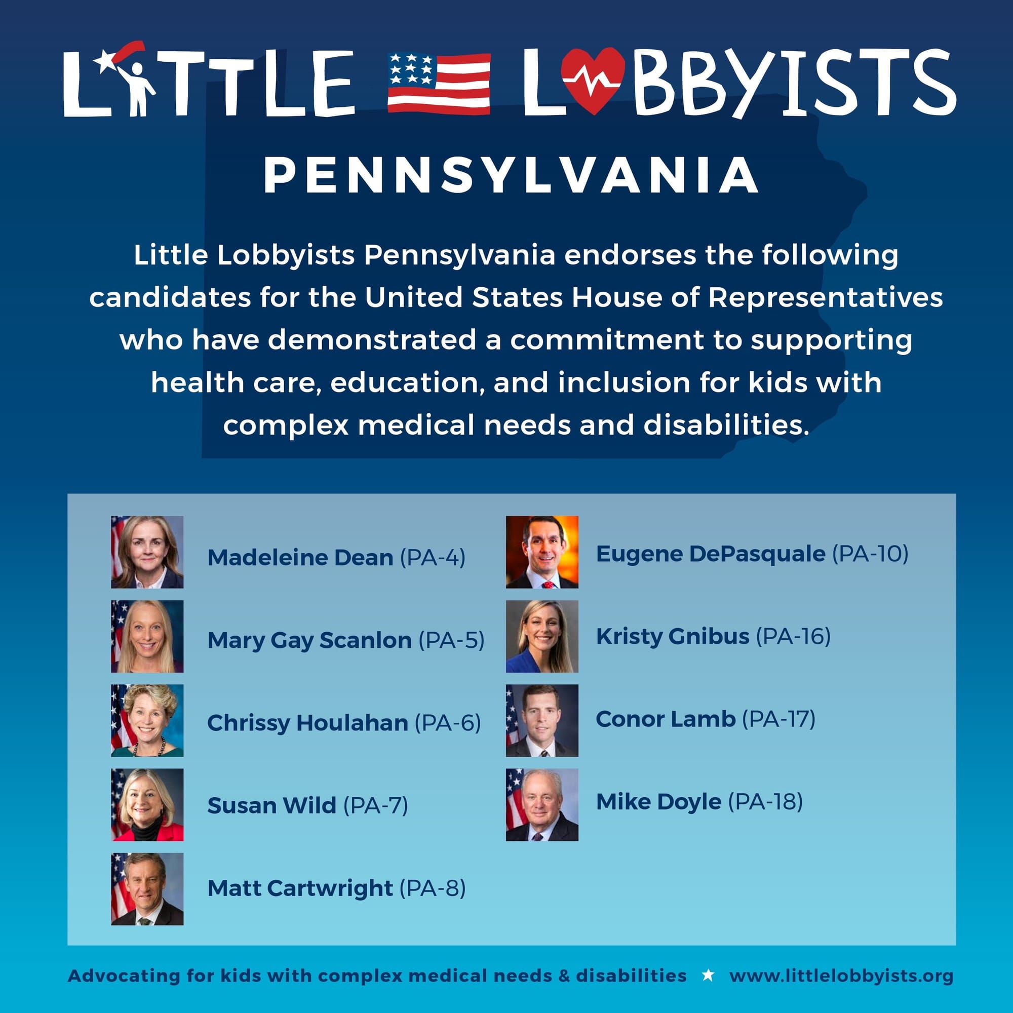 Image description: Blue graphic with Little Lobbyists Pennsylvania logo at top. Text reads: “Little Lobbyists Pennsylvania endorses the following candidates for the United States House of Representatives who have demonstrated a commitment to support…