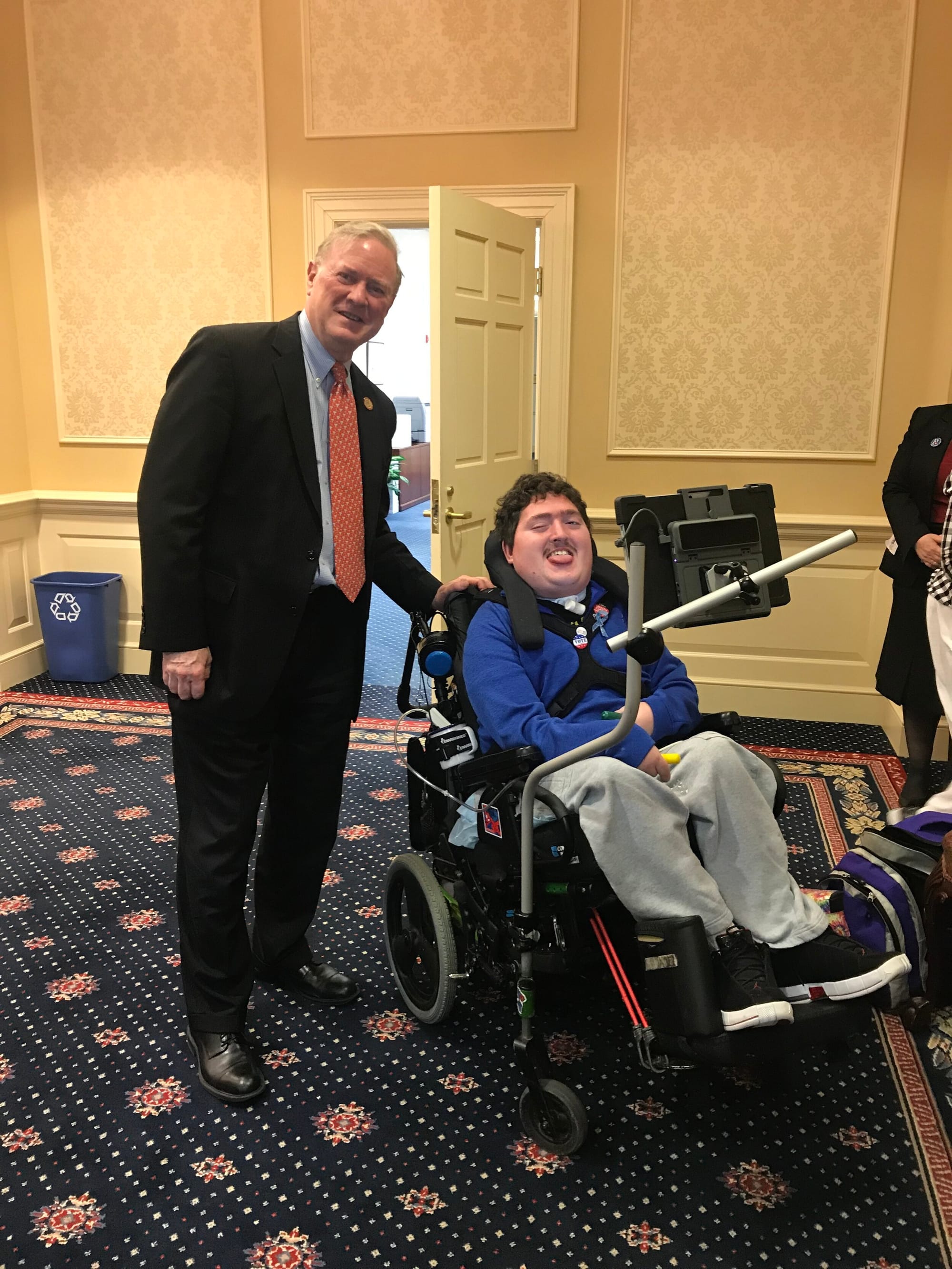 Maryland State Senator Chris West (MD 42 -R) with Robert from Little Lobbyists chat outside the hearing room.